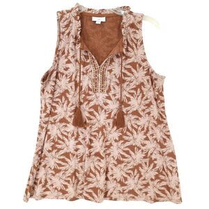 J. Jill Sleeveless Cotton Tan Embroidered Peasant Top SM